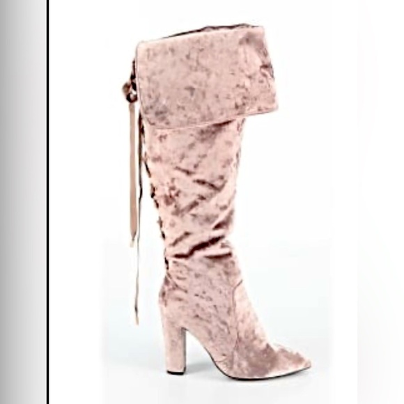 BAMBOO Mauve Madam Taupe crush velvet OTK Thigh High Chunky Heel Boot size 7 - Picture 2 of 8